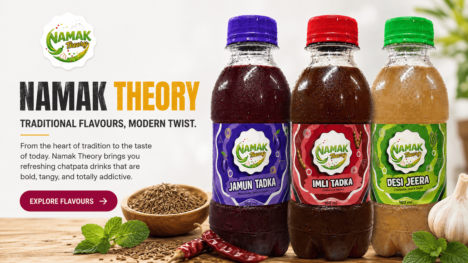 NAMAK Theory — Traditional Flavours, Modern Twist. Jamun Tadka, Imli Tadka and Desi Jeera masala sodas made in Lucknow